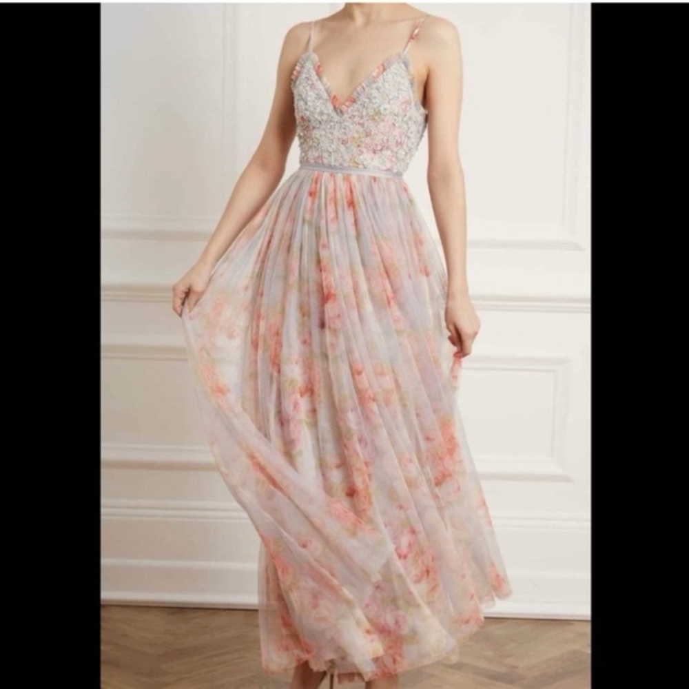 Needle & Thread Ruby Bloom Beaded Floral Tulle Skirt Prom Formal Maxi Sz 6
